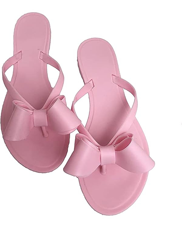 Mtzyoa Women Flip-Flops Flat Sandals Jelly Bow Beach Flat Rivets Rain Cute Dressy Summer Sandals | Amazon (US)