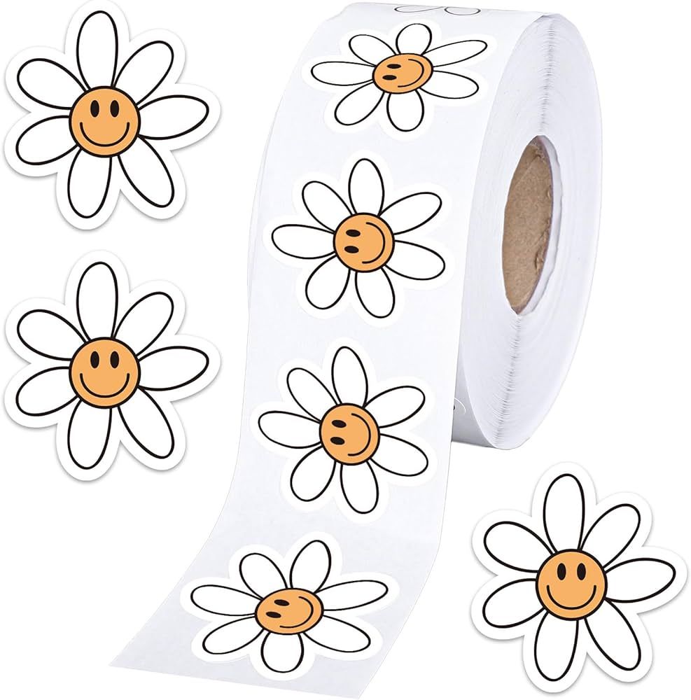 Whaline 1000Pcs Boho Daisy Stickers White Smile Daisy Shaped Roll Stickers Hippie Groovy Flower S... | Amazon (US)