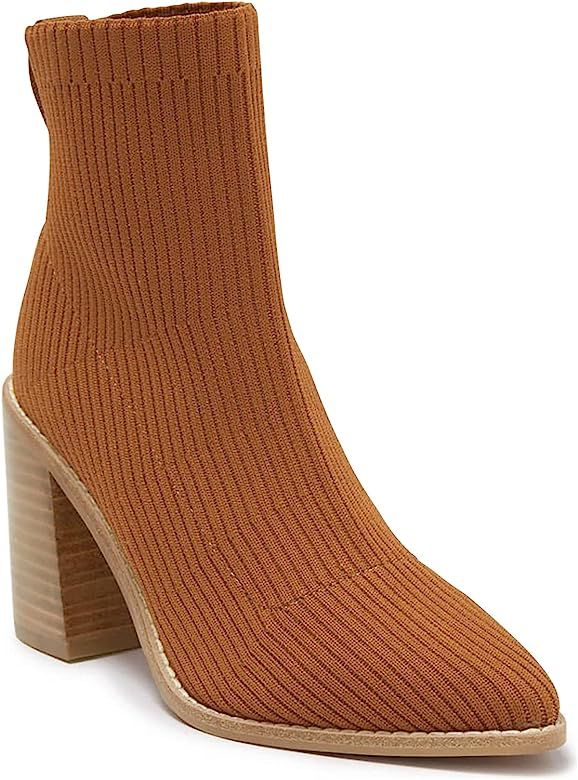 Coutgo Women's Sock Ankle Boots Pointed Toe Chunky High Stacked Heel Pull On Ribbed Knit Chelsea ... | Amazon (US)