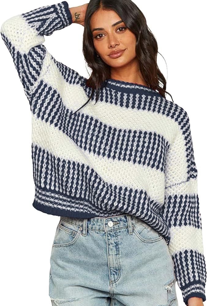 ZAFUL Women's Fall Winter Color Block Striped Sweater Crew Neck Sweaters Casual Loose Knitted Swe... | Amazon (US)