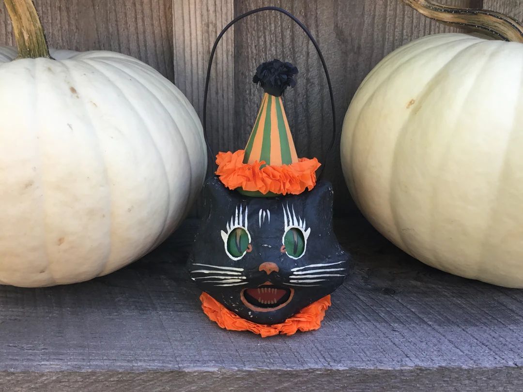 Vintage STYLE Black Cat Halloween Sassy Cat Paper Mache Candy - Etsy | Etsy (US)