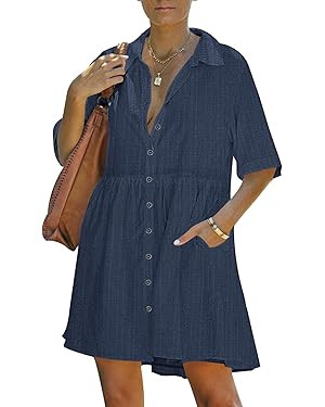 PYGFEMR Women's Summer Dress 2025 Short Sleeve Babydoll Tiered Button Down T Shirts Dresses with ... | Amazon (US)