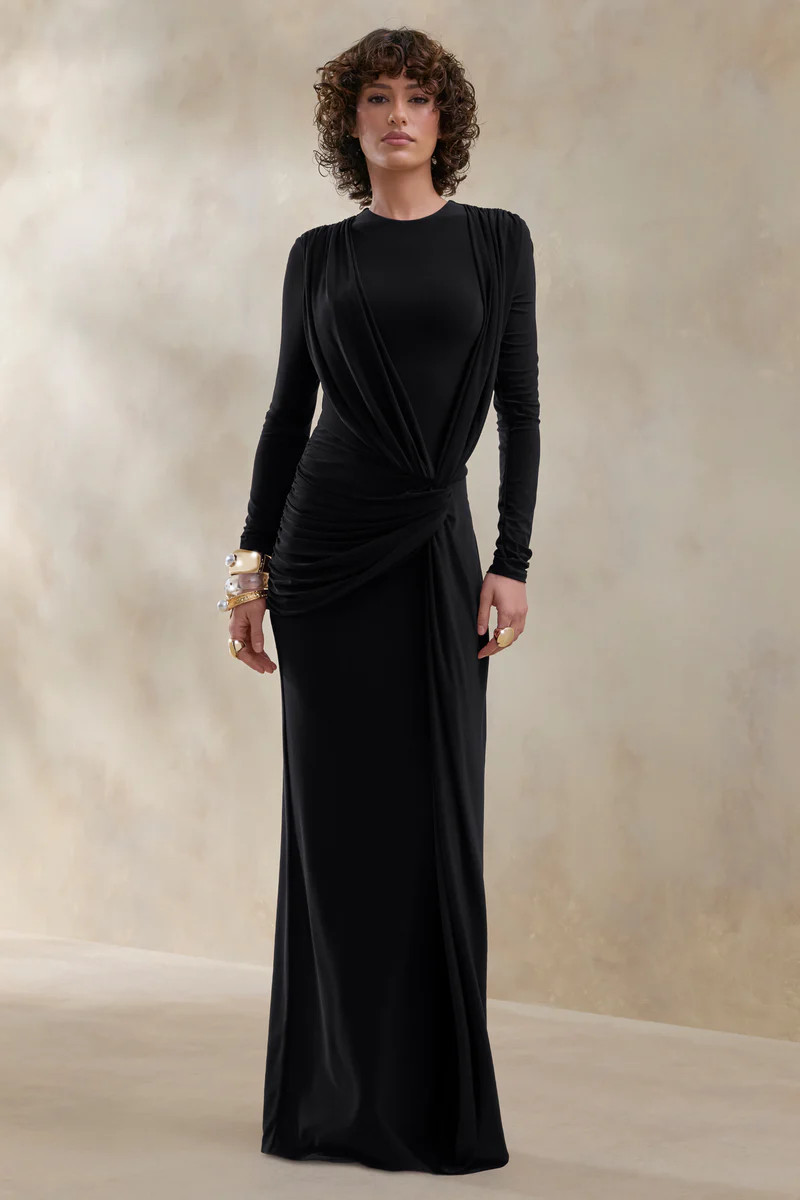 Desirelle  Black Crew-Neck Maxi Dress With Gathered-Detailing | Club L London