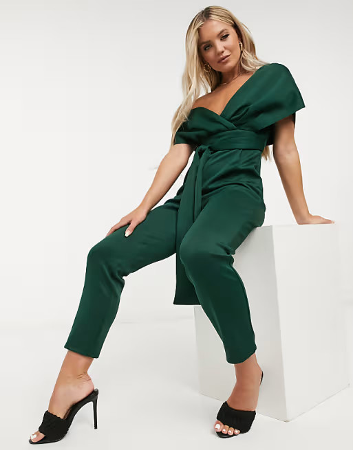 ASOS DESIGN fallen shoulder scuba jumpsuit in forest green | ASOS (Global)
