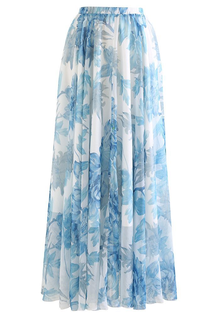 Vibrant Flower Print Chiffon Maxi Skirt in Blue | Chicwish