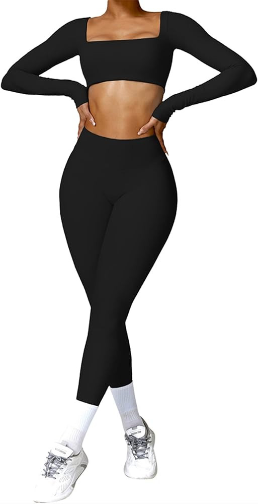 ABOCIW Workout Sets for Women 2 Piece Twist Front Long Sleeve Crop Tops High Waist Flared Legging... | Amazon (US)