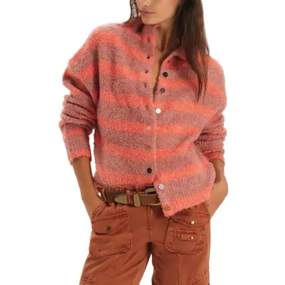 Free People Button Collection Mock Neck Cardigan in Peach Combo at Nordstrom, Size Medium | Nordstrom