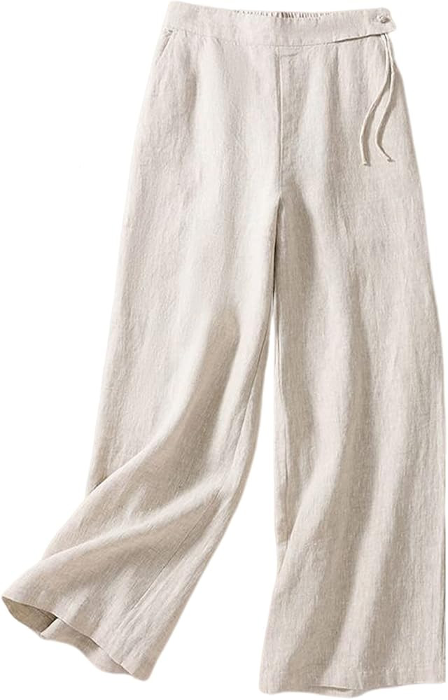 Gihuo Women' s Summer Cotten Linen Pants Back Elastic Waist Wide Leg Pants Flowy Long Trousers Hi... | Amazon (US)