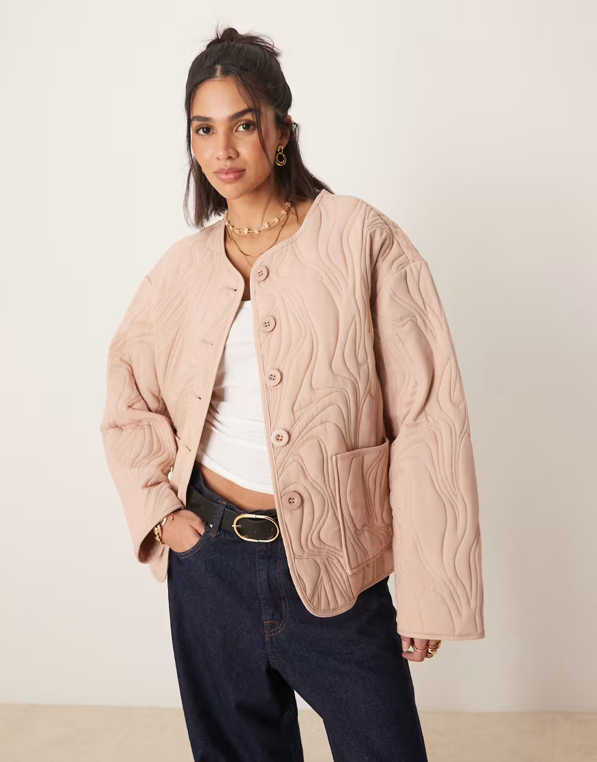 ASOS DESIGN textured quilted cotton jacket in pale pink | ASOS (Global)