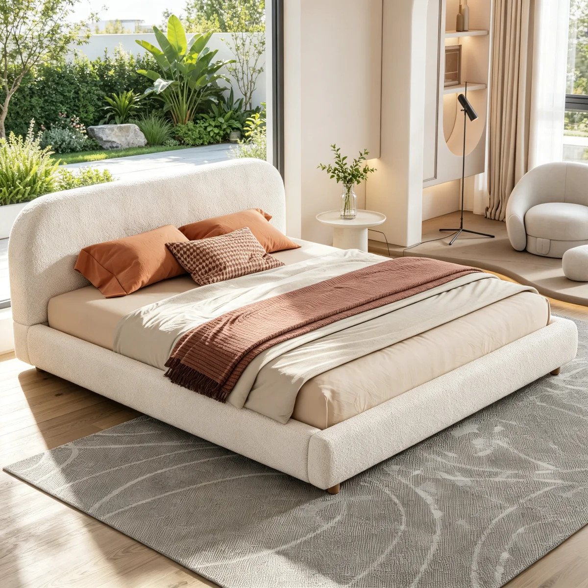 King Size Curve-Shaped Headboard Boucle Fabric Upholstered Bed Frame, No Spring Box Needing Bed | Wayfair North America