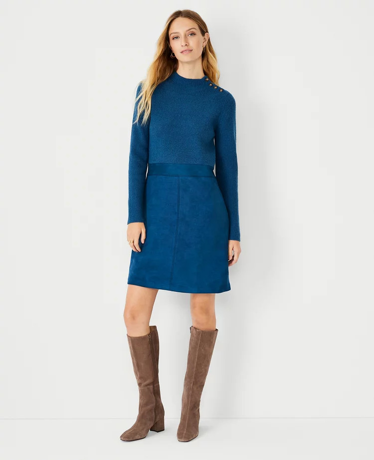 Mock Neck Faux Suede Sweater Shift Dress | Ann Taylor (US)