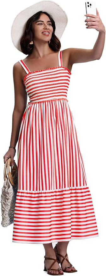 SeSe Code Womens Summer Maxi Dress Smocked Sleeveless Beach Vacation Casual Long Sundress | Amazon (US)