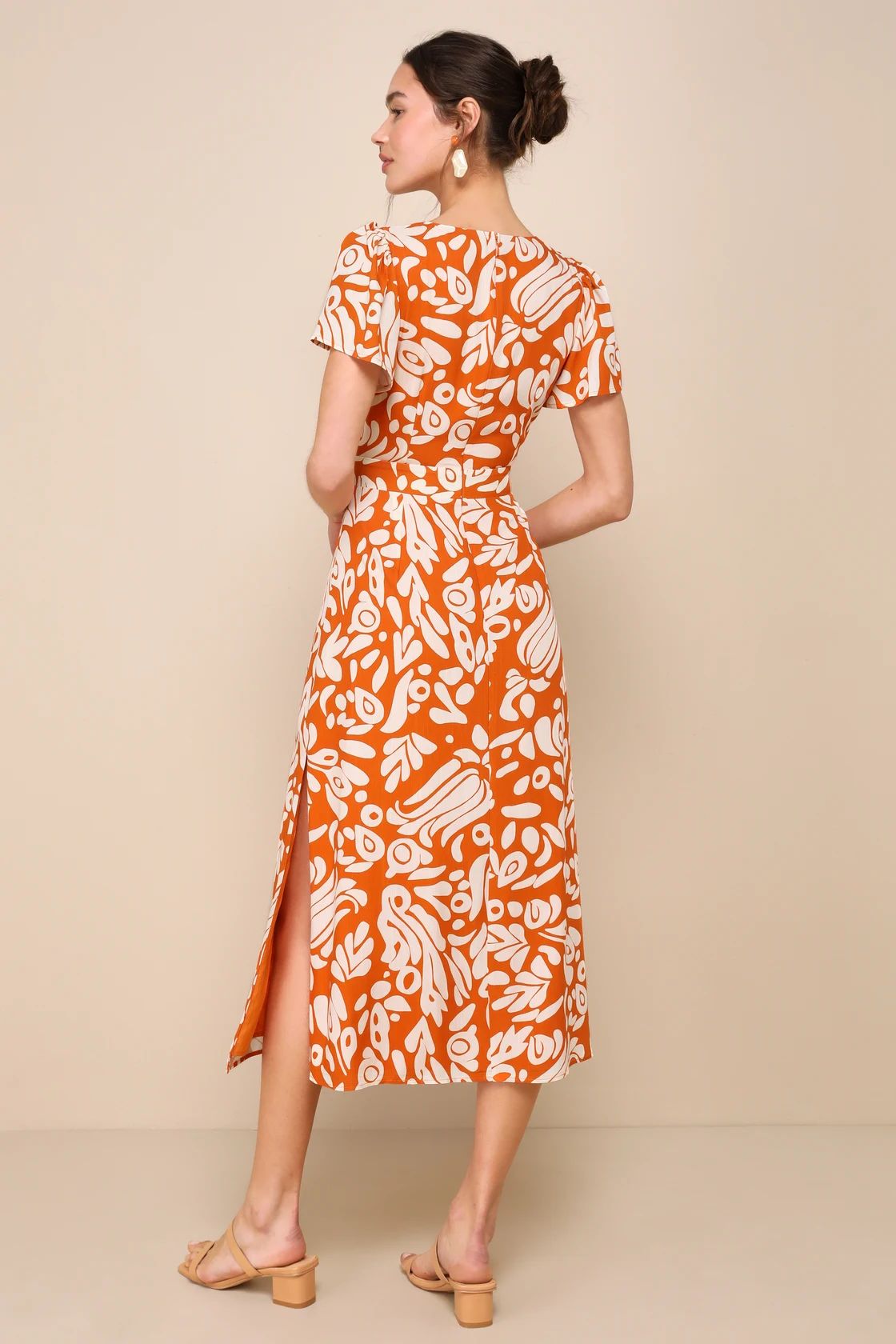 Energetic Charm Rust Orange Abstract Tie-Front Midi Dress | Lulus