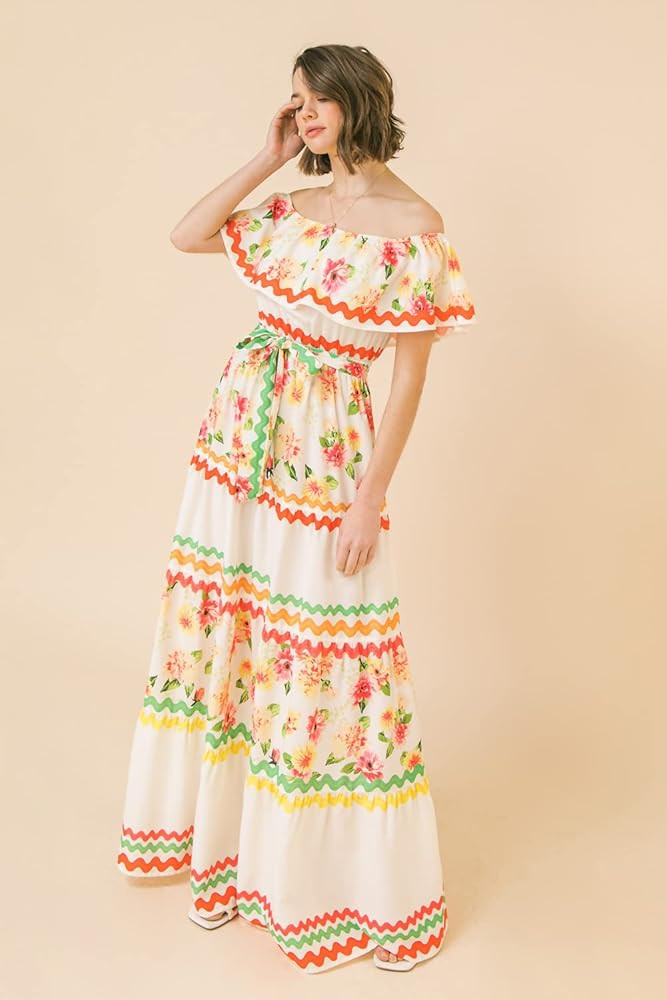 Flying Tomato Off Shoulder Bohemian Maxi Dress - Off Shoulder Ethnic Floral Print Sundress with Wais | Amazon (US)