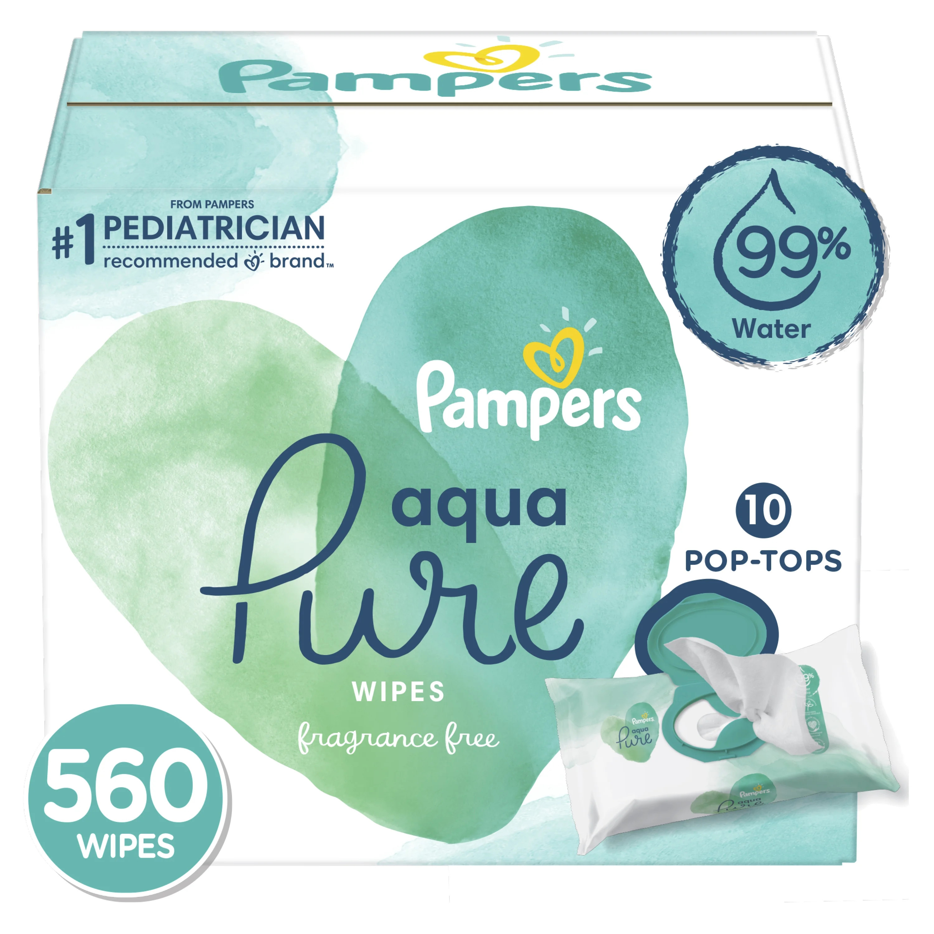 Pampers Aqua Pure Natural Sensitive Baby Wipes, 10X Pop-Top, 560 Ct | Walmart (US)