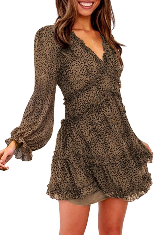 Happy Sailed Womens Spring Summer Long Sleeve Dress 2023 Deep V Neck Ruffle Layer Swing Mini Dres... | Amazon (US)