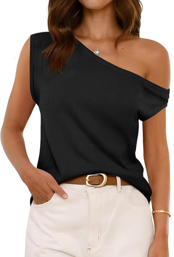 Cicy Bell Womens Off One Shoulder Tops Summer Ribbed Knit Tank Tops Trendy Casual Loose Fit Sleev... | Amazon (US)