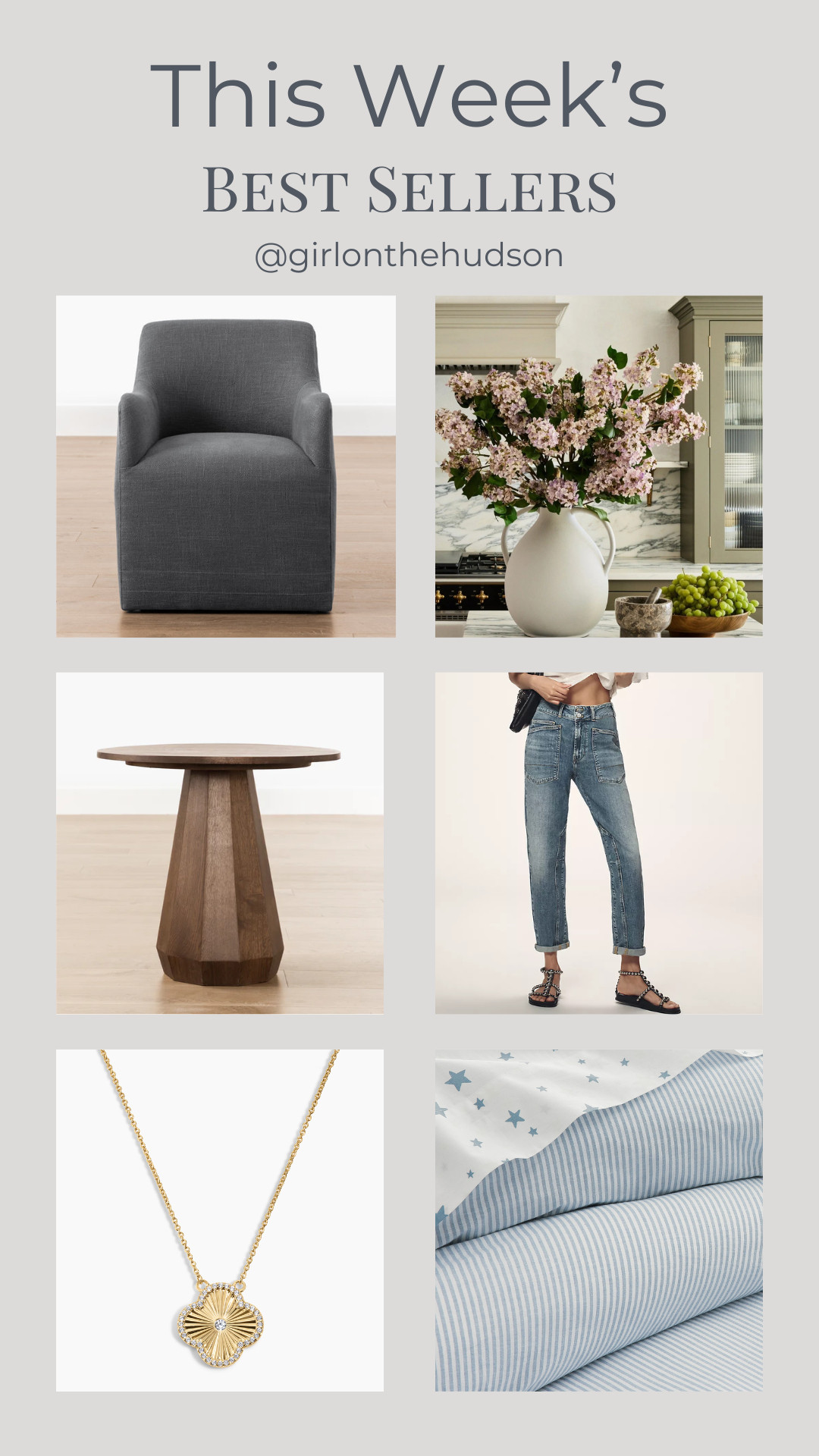 This week's best sellers!

The prettiest upholstered dining chair (I ordered two for the heads of our dining table!!), faux lilac for spring decorating, the coolest side table, my favorite pair o jeans (on sale with code ANTHRO20), my everyday necklace and the coziest organic chambray duvet that's on my son's bed! 
 

 #LTKootd #LTKHome #LTKSaleAlert