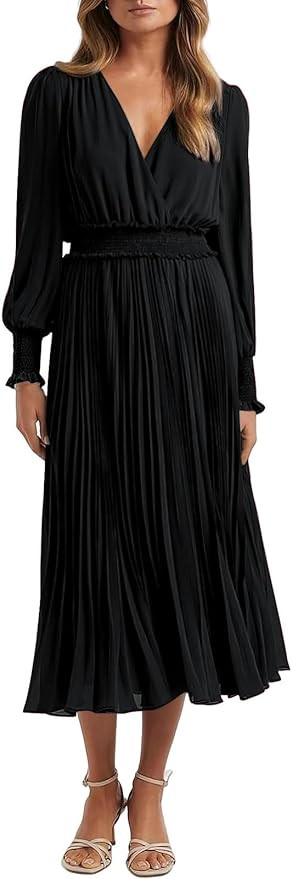 PRETTYGARDEN Womens Wrap V Neck Spring Dresses Wedding Guest Casual Pleated Long Sleeve Midi Dres... | Amazon (US)