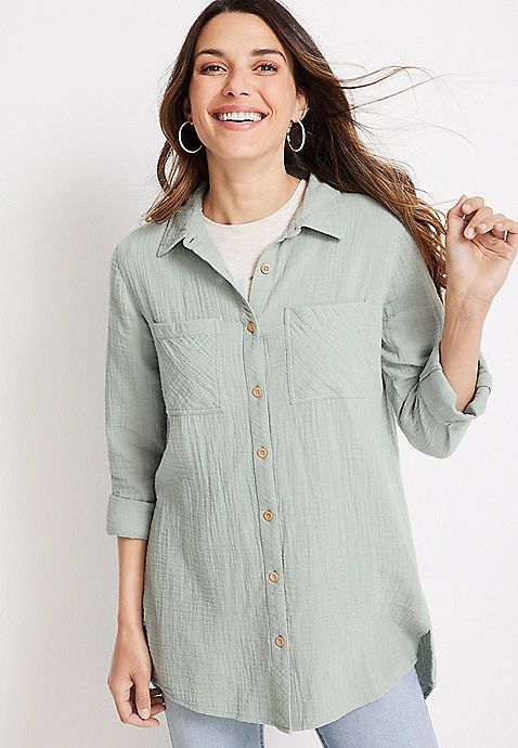Double Cloth Button Down Tunic | Maurices