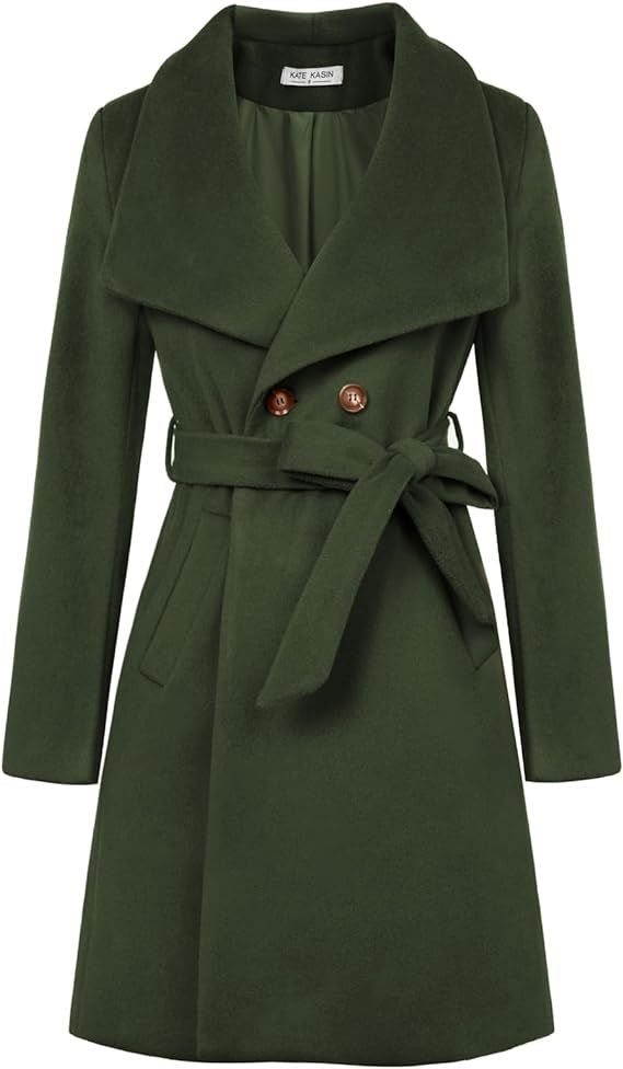 Kate Kasin Women Dress Coat Belted Mid Long Peacoat Trench Coats Slim Overcoat Fall Winter Fashio... | Amazon (US)
