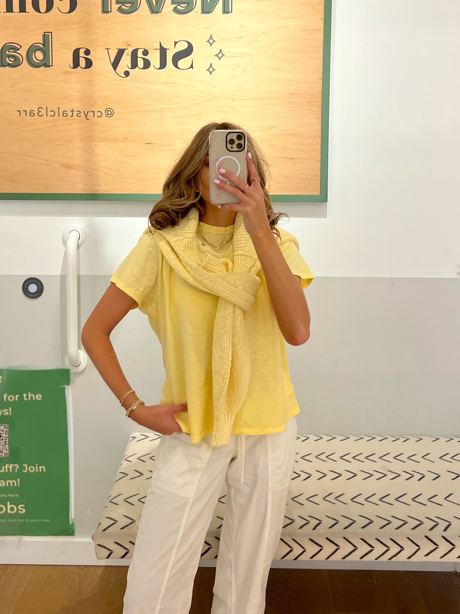 Aerie in store try on haul. wearing a size XL in this butter yellow baby tee. perfect spring outfit 🍋💗