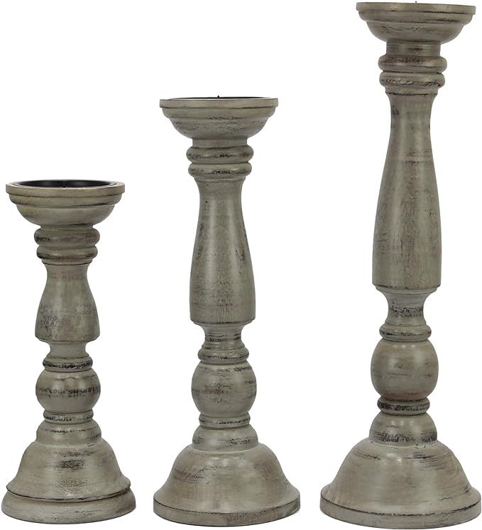 COTTON CRAFT - 3 Piece Wooden Candle Pillar Holder Set - Distressed Charcoal Grey - Size: 17 Inch... | Amazon (US)