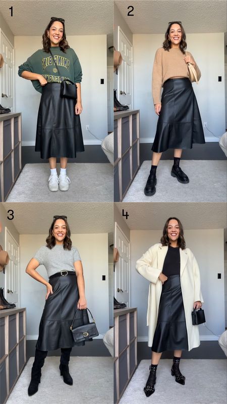 4 ways to wear a faux leather skirt! Details below:

Skirt in all outfits is a coated midi skirt from H&M. Fits a bit big, so size down if in between sizes; I got a size 8 and it’s just a bit big. Two other similar skirt options are linked also. 

Outfit 1:
-Oversized green sweatshirt from Anine Bing. 
—Black mini crossbody bag from Arket. 
-Veja V-10 sneakers. 

Outfit 2:
-Tan crewneck sweater from Everlane, I have a medium. 
-Poppy Barely replay loafers. Fit a bit small so size up a half size. 

Outfit 3:
-Abercrombie grey shirt sleeved sweater, I have a medium. 
-Black belt with gold buckle. 
-Coach tabby 26 bag in black pebble. 
-Knee high suede black boots. 

Outfit 4:
-White wrap coat, similar linked  
-Abercrombie black high neck ribbed tank top, I have a size medium. 
-Same purse as outfit 1. 
-Ganni patent leather chunky buckle pumps. 

Sunglasses in all are the Celine Triomphe 52mm sunglasses in black acetate. 


#LTKstyletip #LTKfindsunder100 #LTKSeasonal