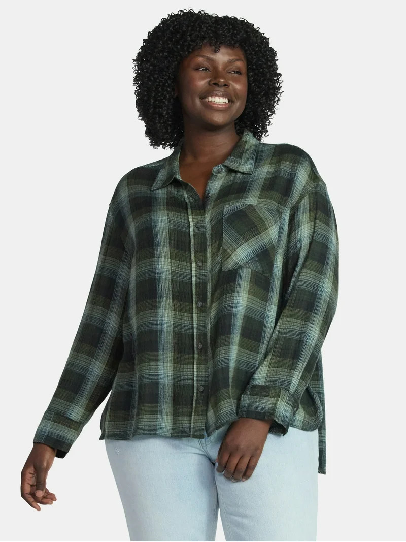 Terra & Sky Women's Plus Plaid Button Front Shirt, Sizes 0X-5X | Walmart (US)