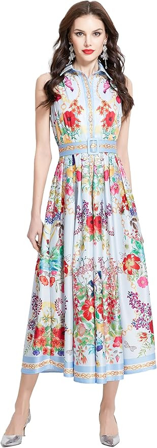 LAI MENG FIVE CATS Women's Summer Floral Print Sleeveless Casual Button Flowy Maxi Dress | Amazon (US)