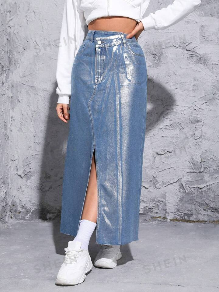 SHEIN EZwear High Waist Split Thigh Denim Skirt | SHEIN