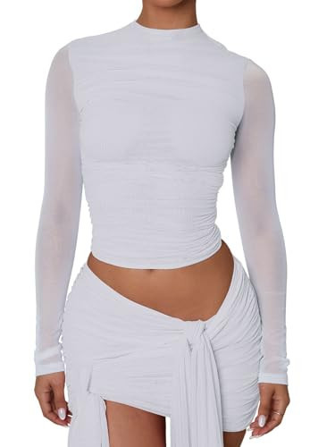 PINKMSTYLE Womens Cute Mesh Mock Neck Long Sleeve Shirts Sexy Y2K Going Out Tops Club Outfits White Small | Amazon (US)