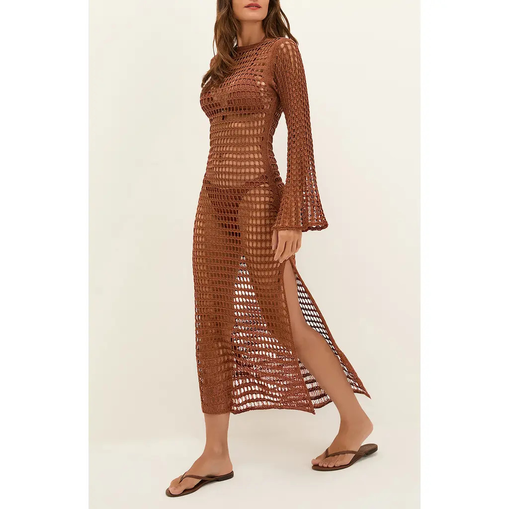 ViX Paula Hermanny Belle Long Sleeve Sheer Cover-Up Dress in Brown at Nordstrom, Size Medium | Nordstrom