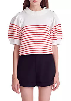 Striped Short Puff Sleeve Sweater with Buttons | Belk