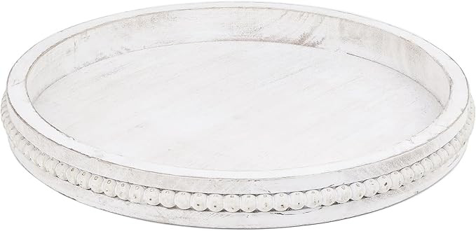 Round Wood Serving Tray with Beads, White Washed Wooden Decorative Tray for Entertaining, Decorat... | Amazon (US)