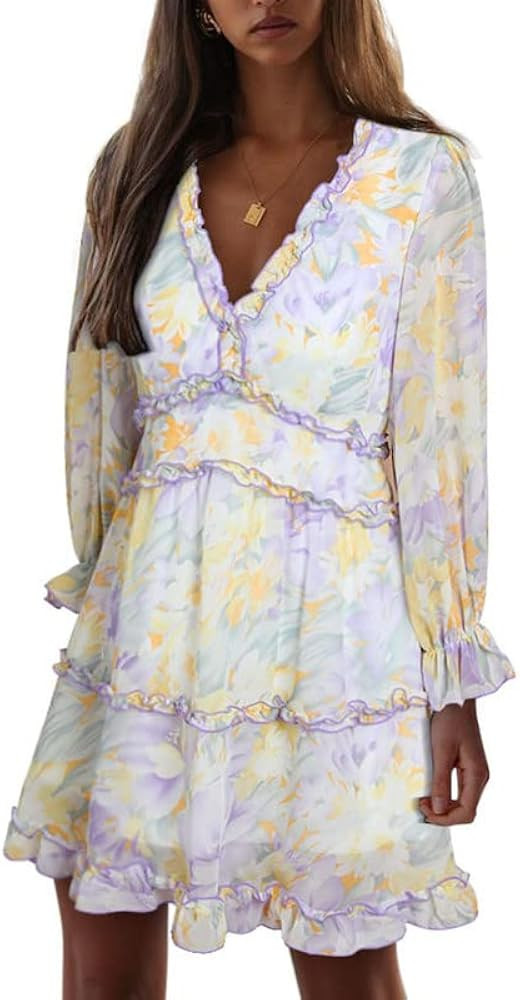 Dokotoo Womens Fall Casual Ladies Deep V Neckline Long Sleeve Floral Print High Waist Mini Dress ... | Amazon (US)
