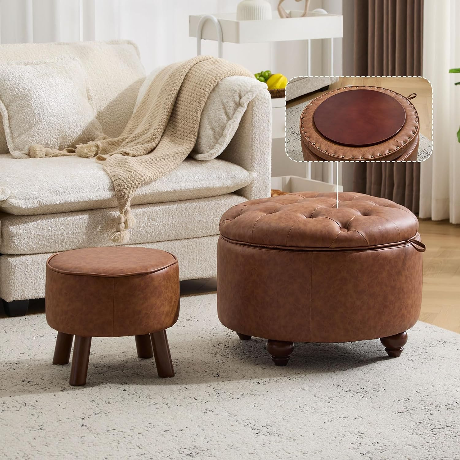 24Inch Round Storage Ottoman, Set of 2, Modern PU Leather Coffee Table with Removable Top, Uphols... | Amazon (US)