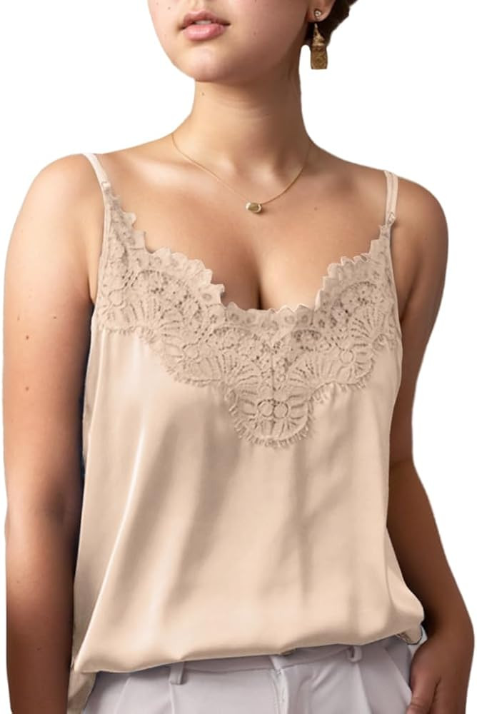 Silk Camisole Tops for Women, Sexy V-Neck Silk Satin Tank Tops Lace Trimmed Camisole | Amazon (US)