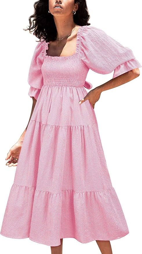 UIMLK Women's Puff Sleeve Smocked Gingham Off The Shoulder Back Bow Tie Flowy Cottagecore Bohemia... | Amazon (US)