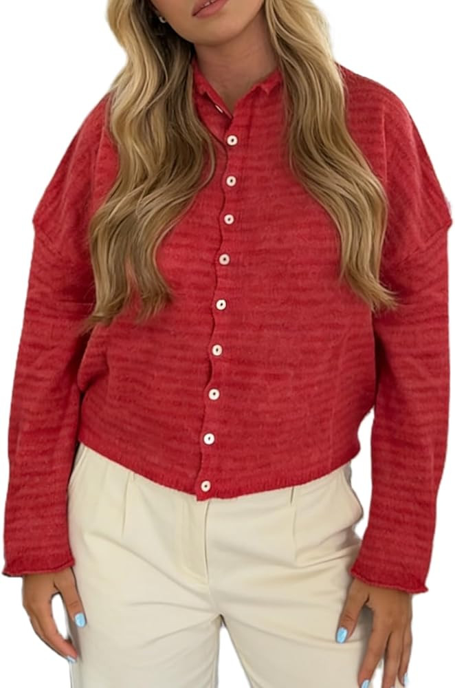Muineobuka Womens Striped Cardigan Sweater Casual Crew Neck Open Front Button Down Long Sleeve Kn... | Amazon (US)
