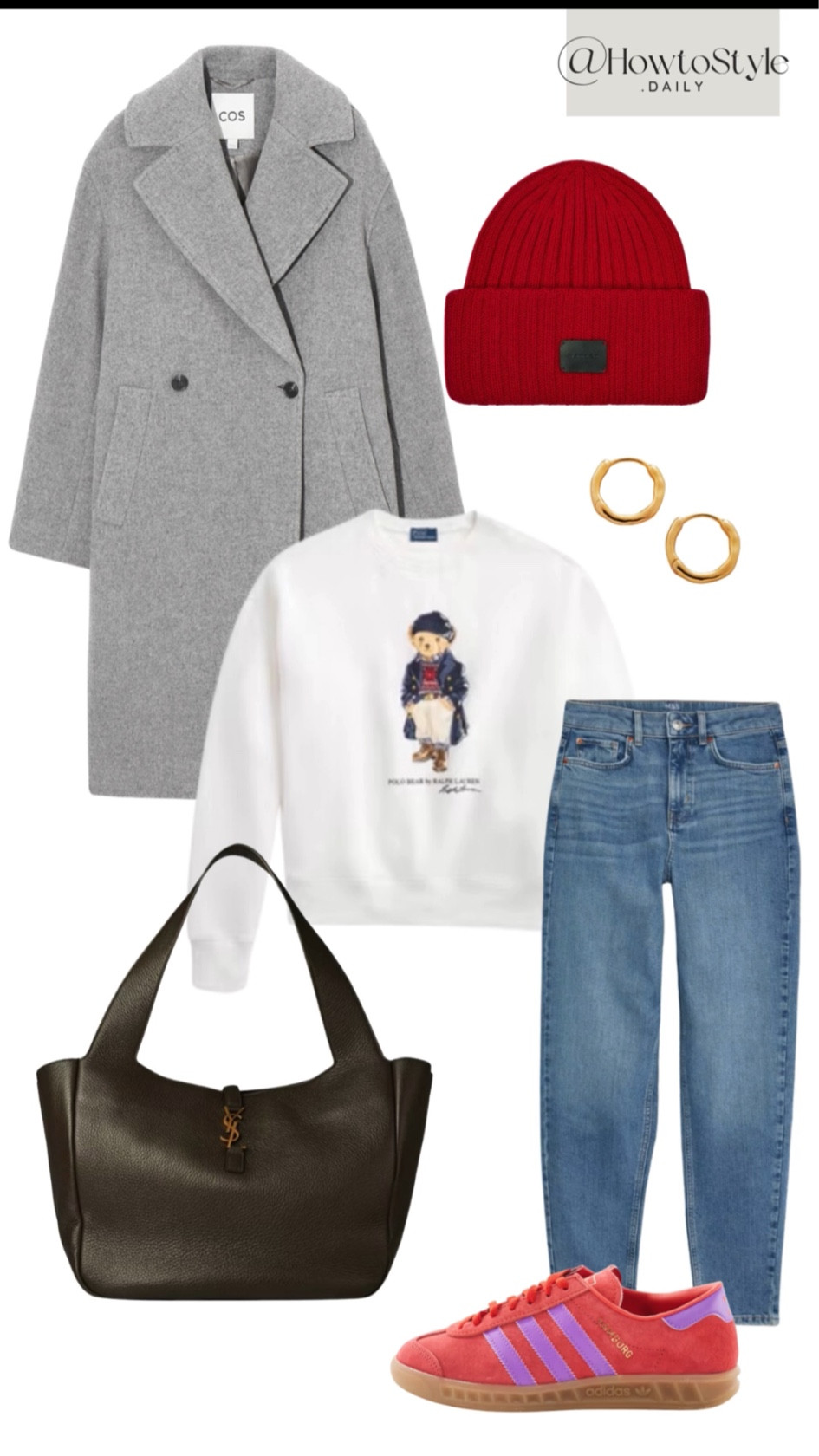Cosy style for the school run, or coffee shop date. 
Oversized grey coat, Ralph Lauren teddy bear sweater. Red hat. 

#LTKwinter #LTKautumn #LTKuk