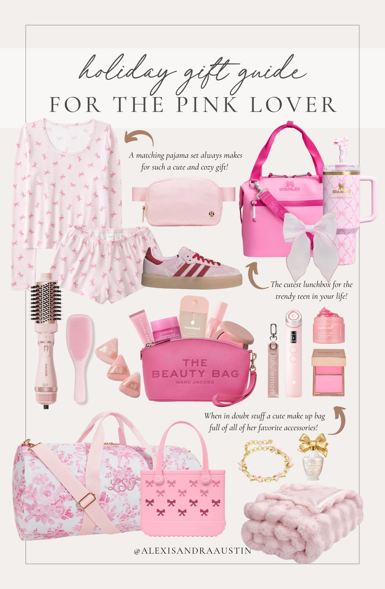Holiday gift guide for the pink lover! The cutest finds for stocking stuffers, teen girls, or for those that just can’t get enough pink in their life.

Holiday gift guide, pink gifts, for the pink lover, cozy pajama, belt bag, tumbler, lunch box, sneaker faves, beauty bag, pink accessories, self care gifts, duffle bag, cozy blanket, Bogg, LoveShackFancy, Stanley, found it on Amazon, Hollister, Sephora, Marc Jacobs, shop the look!

#LTKHoliday #LTKBeauty #LTKGiftGuide