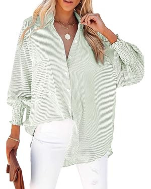 Womens Smocked Cuffed Striped Boyfriend Shirt Casual Collar Long Sleeve Oversized Button Down Blo... | Amazon (US)