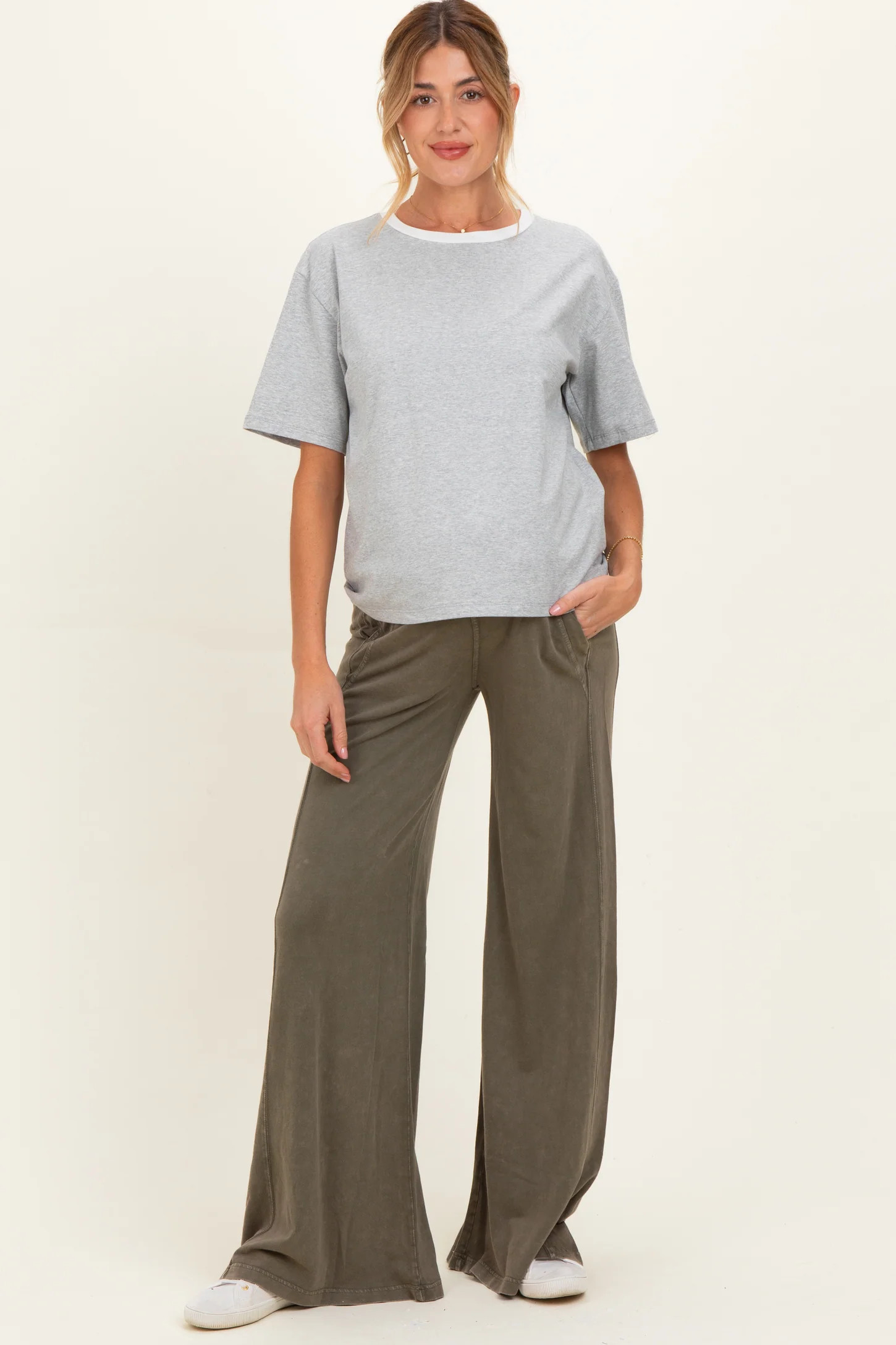 Coffee Mineral Wash Wide Leg Maternity Pants | PinkBlush Maternity