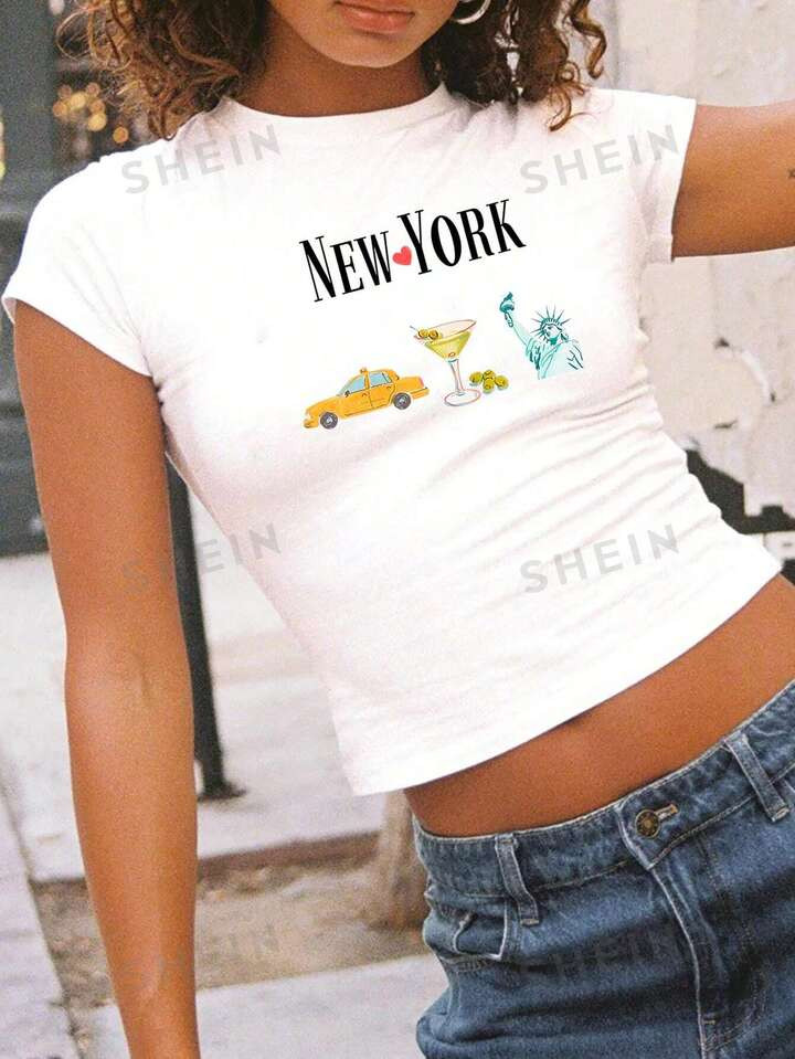 SHEIN EZwear Slim Fit Short Sleeve Summer T-Shirt , New York Print T-Shirt | SHEIN