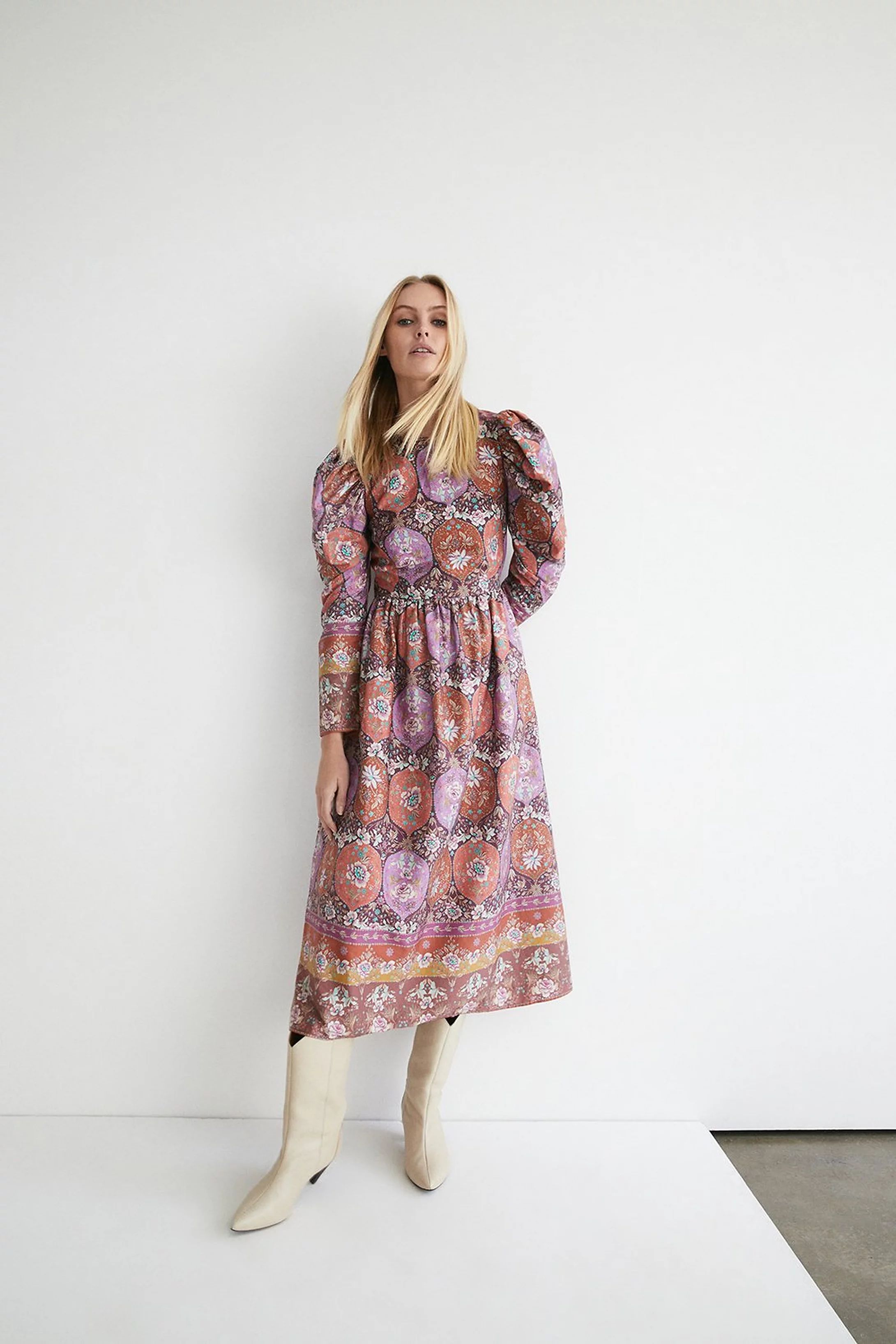 Border Print Cotton Sateen Midi Dress | Warehouse UK & IE