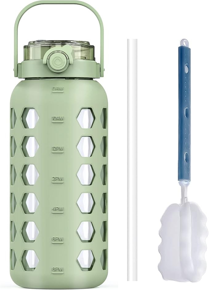 MUKOKO Half Gallon/64 oz Glass Water Bottles with Straw and Lid,Motivational Water Jug with Time ... | Amazon (US)