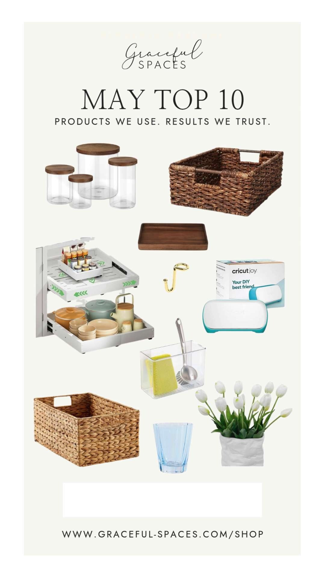Could May have been any more full with fun, activities, and chaos?  This beautiful month yielded a gorgeous collection of Top 10 products: Glass Jars with Acacia Lids, Abaca Bins, Bamboo Drawer Organizers, Pull Out Adhesive Drawers, Hanger Hooks for your sets, the Cricut Joy Machine we can't live without, Affixx Bins, Water Hyacinth Baskets, Blue Fluted Tumblers, and faux tulips you would swear are real!  On to June!

#LTKHome