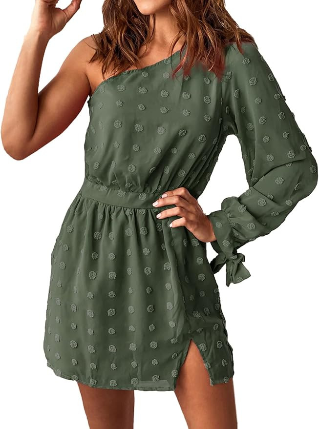 BTFBM Women One Shoulder Long Sleeve Casual Dresses Cute Swiss Dot Soft High Waist Side Split Flo... | Amazon (US)