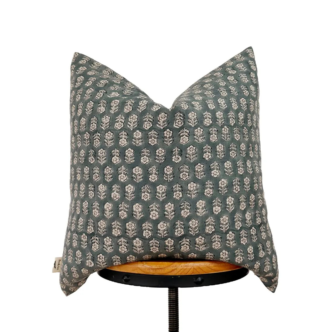 Hand Block Print Linen Pillow Cover: Antique Blue Floral - Etsy | Etsy (US)